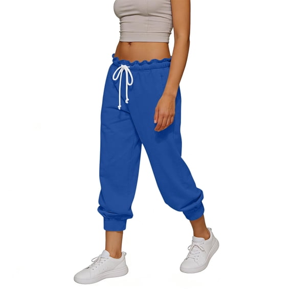 Qgtaibl Women's High Waisted Jogger Pants Ruffled Elastic Waist Drawstring Sweatpants with Pockets Casual Loose Fit Lightweight Cropped Tapered Joggers Blue L