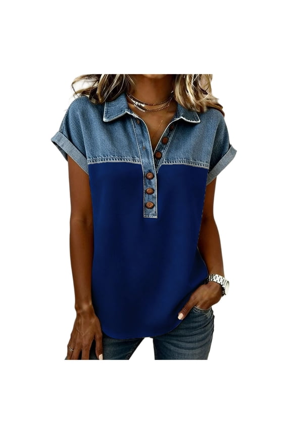 Women's Jean Patchwork Tops Fashion Color Block Button Down Lapel Shirts Casual Breathable Short Sleeve Work Tees Blue M