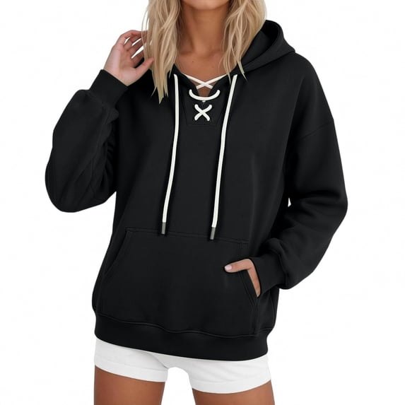 Qgtaibl Women's Lace Up Hoodie Criss Cross V Neck Drawstring Pullover Sweatshirt Thin Fleece Long Sleeve Fall Hooded Top with Kangaroo Pocket Black XXXL