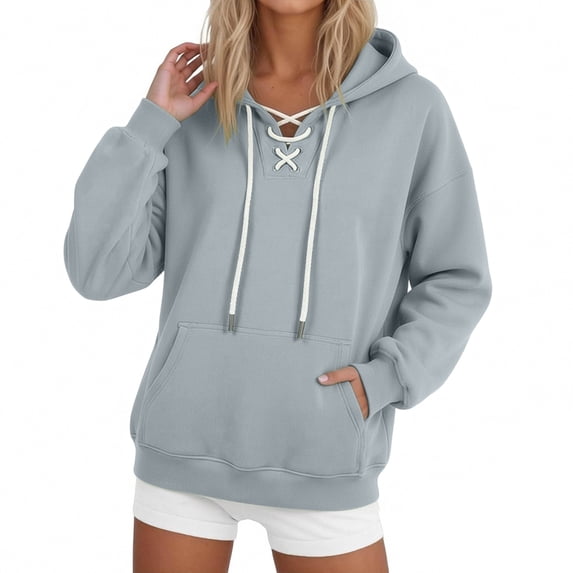 Qgtaibl Women's Lace Up Hoodie Criss Cross V Neck Drawstring Pullover Sweatshirt Thin Fleece Long Sleeve Fall Hooded Top with Kangaroo Pocket Gray M