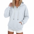 thumbnail image 1 of Qgtaibl Women's Lace Up Hoodie Criss Cross V Neck Drawstring Pullover Sweatshirt Thin Fleece Long Sleeve Fall Hooded Top with Kangaroo Pocket White S, 1 of 6