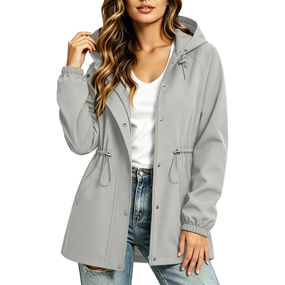 Qgtaibl Women's Lightweight Hooded Jacket Adjustable Waist Waterproof Windbreaker Outerwear Snap Button Zip Up Long Sleeve Coat with Pockets for Outdoor Travel Gray M