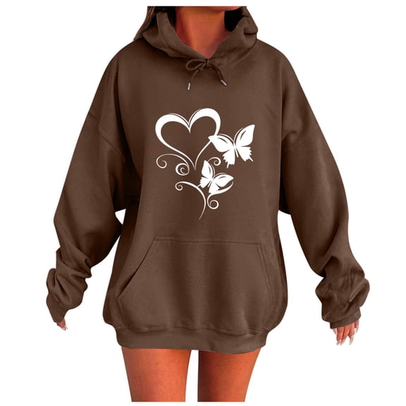 Qgtaibl Women's Oversized Graphic Hoodies Drawstring Kangaroo Pocket Long Sleeve Casual Pullover Sweatshirts Fall Fleece Thermal Outfit Brown XXL