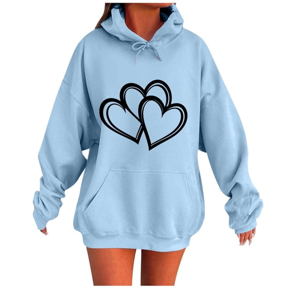 Qgtaibl Women's Oversized Graphic Hoodies Heart Print Drawstring Kangaroo Pocket Tops Fleece Warm Long Sleeve Casual Pullover Sweatshirts Light Blue M