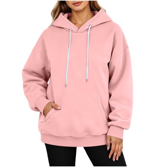 Qgtaibl Women's Oversized Solid Color Hoodies Fall Fleece Long Sleeve Pullover Sweatshirts Soft Thermal Layer Outfit Hoodie Shirts Pink M