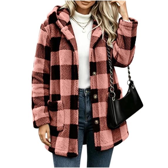 Qgtaibl Women's Plaid Fleece Hooded Jacket Button Down Buffalo Check Coat with Pockets Loose Fit Warm Casual Outerwear Pink M