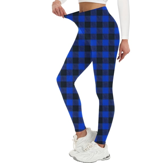 Qgtaibl Women's Plaid Leggings High Waisted Tummy Control Full Length Workout Yoga Pants Stretch Butt Lifting Casual Skinny Tights Blue M