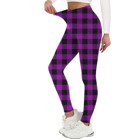 Qgtaibl Women's Plaid Leggings High Waisted Tummy Control Full Length Workout Yoga Pants Stretch Butt Lifting Casual Skinny Tights Purple XL