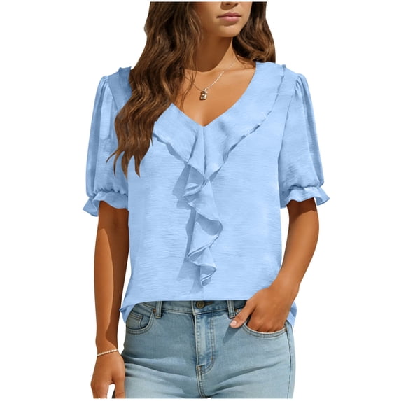Qgtaibl Women's Ruffle V-Neck Tees Summer Short Sleeve Top Lightweight Breathable Casual Shirts Solid Color Loose Fit Blouse Light Blue S