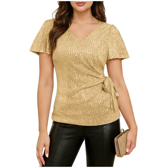 Qgtaibl Women's Sequin Blouses Fashion V Neck Short Sleeve Tie Waist Tops Summer Slim Fit Pleated Party Night Out Shirts Gold XXL