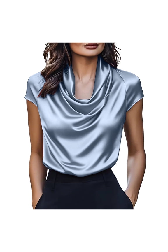 Women's Short Sleeve Blouses Elegant Silk Satin Cowl Neck Tops Summer Solid Color Lightweight Slim Fit Work Shirts Light Blue L