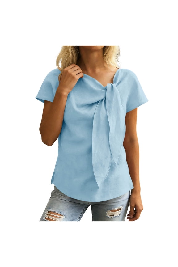 Women's Short Sleeve Cotton Linen Blouses Fashion Asymmetric Neck Bow Tie Tops Summer Loose Fit Lightweight Vacation Shirts Sky Blue S