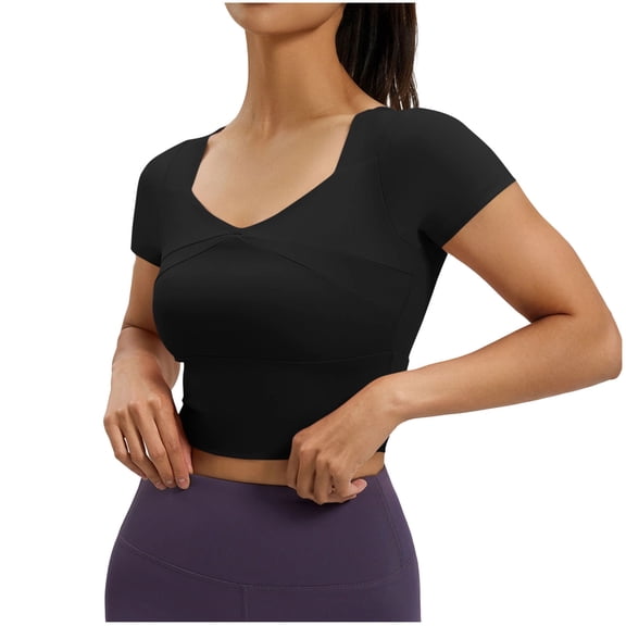 Qgtaibl Women's Short Sleeve Crop Top Solid Color V Neck Athletic Shirts Slim Fit Comfy Stretch Yoga Activewear Black L