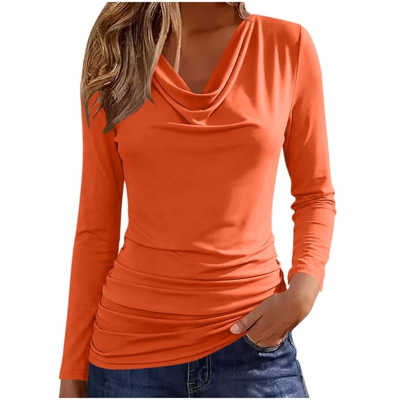 Qgtaibl Women's Solid Color Long Sleeve Shirts Elegant Cowl Neck Waist Ruched Blouse Fall Stretchy Slim Fit Dressy Tops Orange S