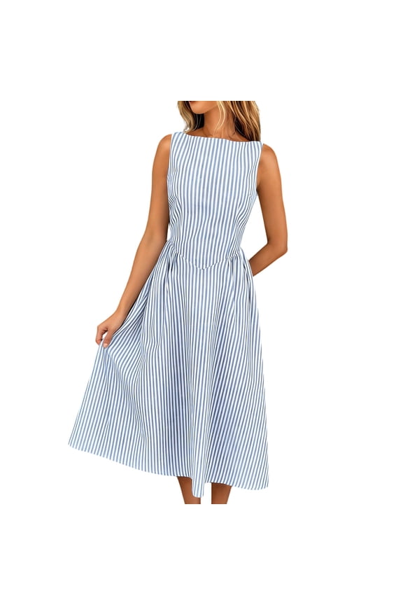 Women's Summer Stripe Midi Dress Cotton Crew Neck Sleeveless Casual Dress Sky Blue M