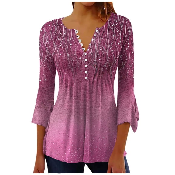 Qgtaibl Women's Tunic Tops Trendy Print 3/4 Sleeve Shirts Empire Waist Buttons V-Neck Tees Summer Clothes Pink S