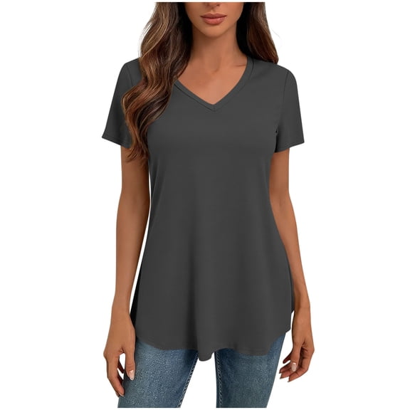 Qgtaibl Women's V Neck Short Sleeve Tops Basic Solid Color Lounge Tunic Shirts Summer Flowy Breathable Work Tees Gray M