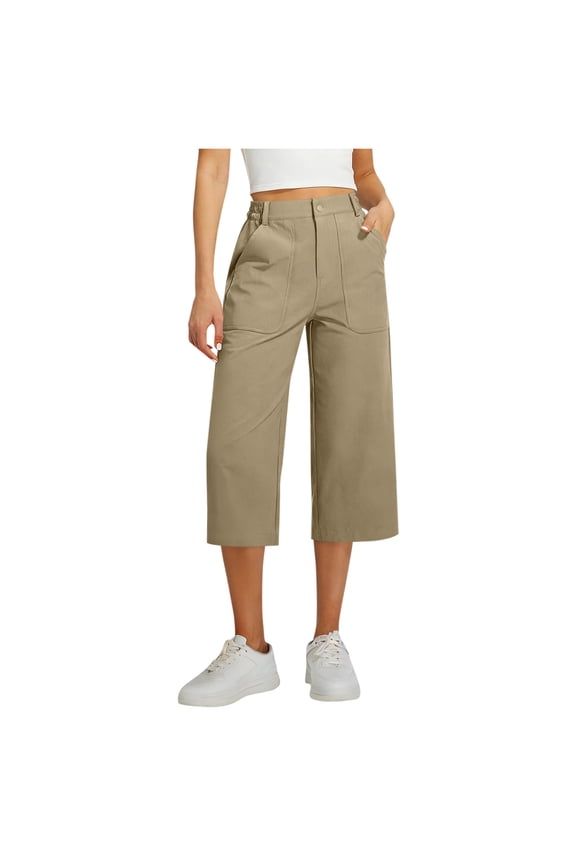 Women's Wide Leg Capri Pants Summer High Waisted Button Cropped Slacks with Pockets Casual Loose Fit Lightweight Outdoor Capris Khaki XL