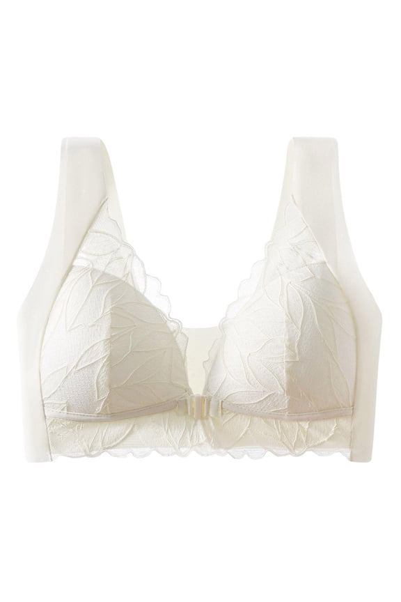 Women's Wireless Lace Support Bra Wide Comfort Tank Straps 3D Leaf Embroidery Bralette Scalloped Edge Full Coverage Front Closure Everyday Lingerie White XL