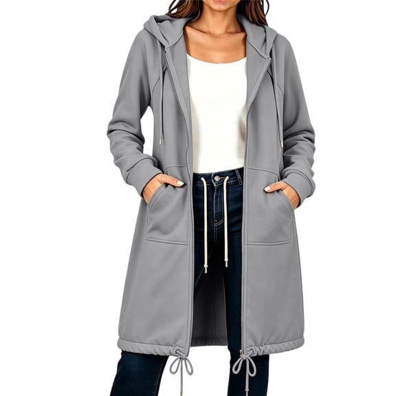 Qgtaibl Women's Zip Up Hoodies Adjustable Drawstring Hood and Hem Tunic Jacket Oversized Fleece 2026 Fall Coat with Pocket Gray M