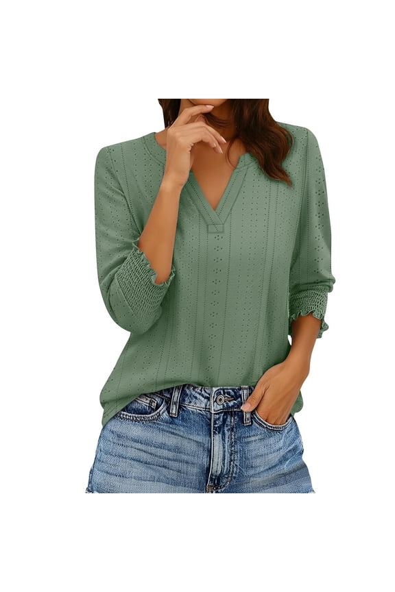 Womens 3/4 Length Sleeve Eyelet Blouses Notched V Neck Smocked Ruffle Cuff Shirts Casual Solid Color Loose Fit Tunic Tops Green M