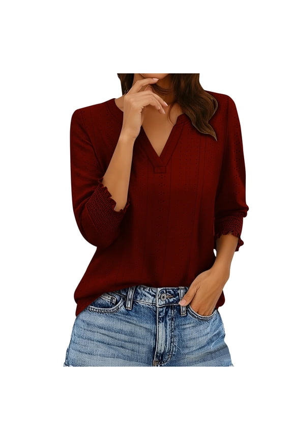 Womens 3/4 Length Sleeve Eyelet Blouses Notched V Neck Smocked Ruffle Cuff Shirts Casual Solid Color Loose Fit Tunic Tops Red M