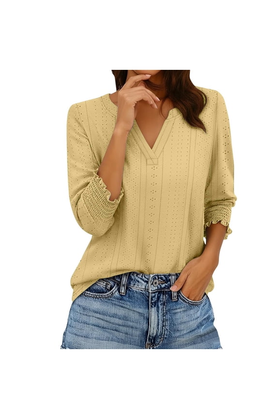 Womens 3/4 Length Sleeve Eyelet Blouses Notched V Neck Smocked Ruffle Cuff Shirts Casual Solid Color Loose Fit Tunic Tops Yellow M