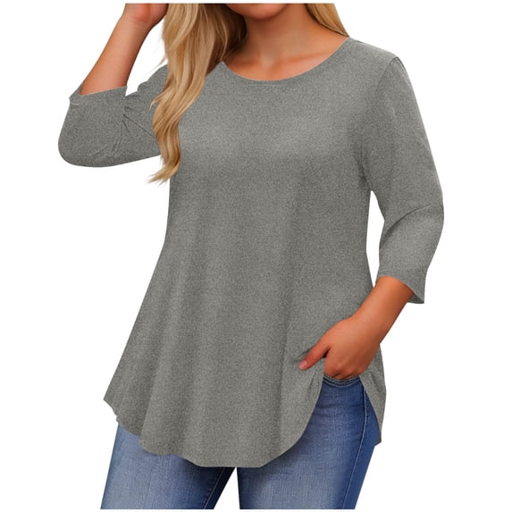Qgtaibl Womens 3/4 Length Sleeve Plus Size Shirts Solid Color Crew Neck Curved Hem Blouses Casual Loose Fit Hide Belly Tunic Tops Gray XXL
