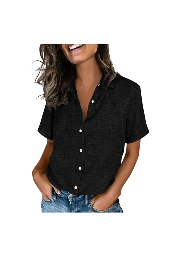 Womens Button Down Shirts Casual Lapel Short Sleeve Work Blouse Solid Color Loose Fit Business Office Tops Black M