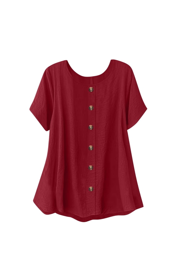 Womens Button Down Shirts Causal Short Sleeve Round Neck Blouse Summer Solid Color Loose Fit Breathable Tops Wine S
