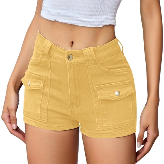 Qgtaibl Womens Cargo Denim Shorts High Waisted Button Casual Jean Shorts with Multi Pockets Summer Lightweight Straight Leg Mini Jorts Khaki S