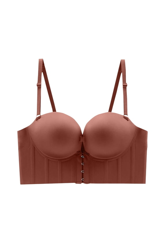 Womens Corset Bra Molded Padded Cups Adjustable Straps Wireless Support Bralette Solid Color Straight Low Back Longline Push Up Bustier Bras for Party Coffee 38