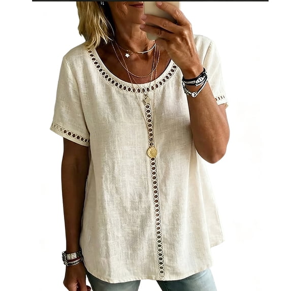 Qgtaibl Womens Cotton Blouses Summer Short Sleeve Round Neck Crochet Trim Tops Casual Loose Fit Lightweight Tunic Shirts Beige L