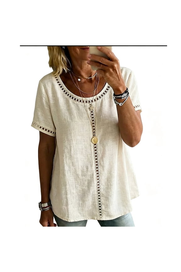 Womens Cotton Blouses Summer Short Sleeve Round Neck Crochet Trim Tops Casual Loose Fit Lightweight Tunic Shirts Beige XL
