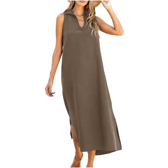 Qgtaibl Womens Cotton Linen Dress Sleeveless V Neck Maxi Dress Fashion Lapel Collar Side Split Long Dress Summer Loose Fit Lightweight Comfy Plus Size Lounge Dresses Coffee S