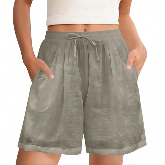 Qgtaibl Womens Cotton Linen Gauze Shorts Solid Color Pleated Lounge Shorts with Pockets Summer Loose Fit Elastic Waist Drawstring Shorts Gray M