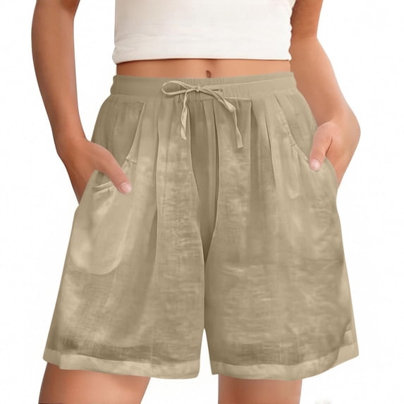Qgtaibl Womens Cotton Linen Gauze Shorts Solid Color Pleated Lounge Shorts with Pockets Summer Loose Fit Elastic Waist Drawstring Shorts Khaki M