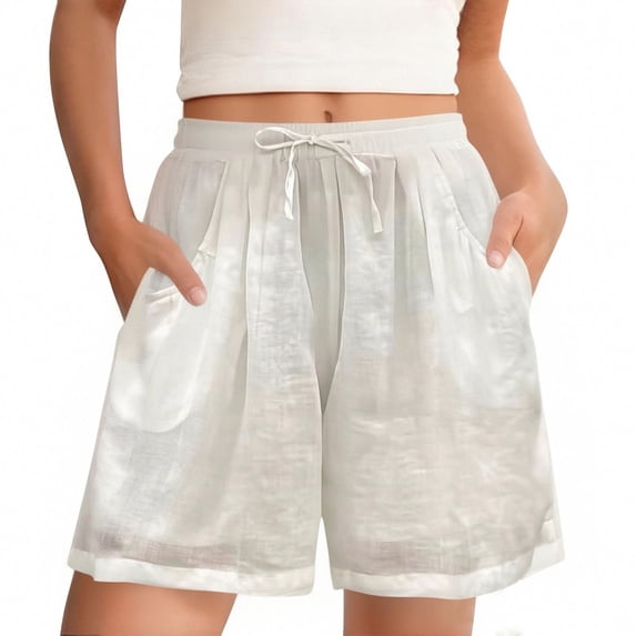 Qgtaibl Womens Cotton Linen Gauze Shorts Solid Color Pleated Lounge Shorts with Pockets Summer Loose Fit Elastic Waist Drawstring Shorts White M