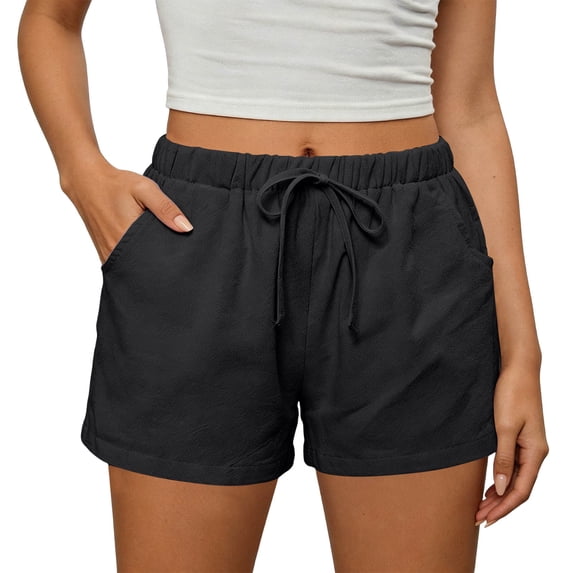 Qgtaibl Womens Cotton Shorts Drawstring Elastic High Waist Lounge Shorts Summer Basic Solid Color Loose Fit Shorts with Pockets Black S