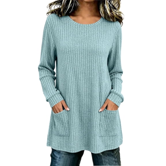 Qgtaibl Womens Crew Neck Long Sleeve Tunic Tops Ribbed Knit Loose Fit Casual Pullover Shirts Flowy Extended Length Daily Blouses with Pockets Light Blue XXL