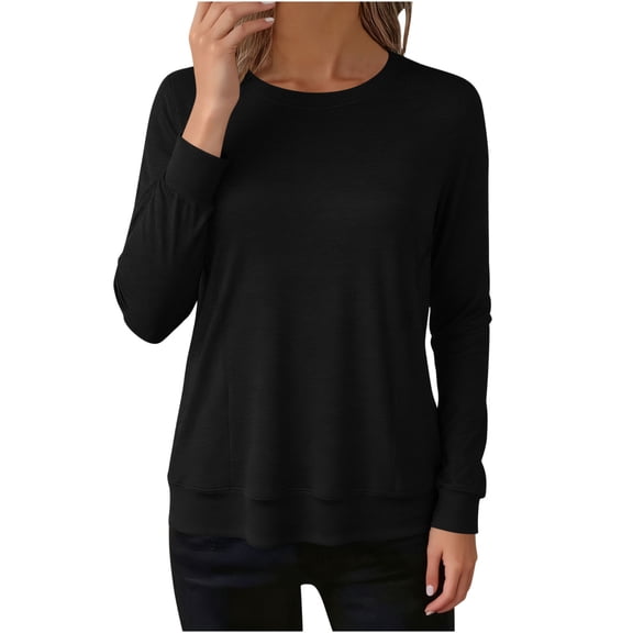 Qgtaibl Womens Crew Neck Long Sleeve Tunic Tops Solid Color Loose Fit Pullover Shirts Basic Casual Fall Layer Sweatshirts Black XL