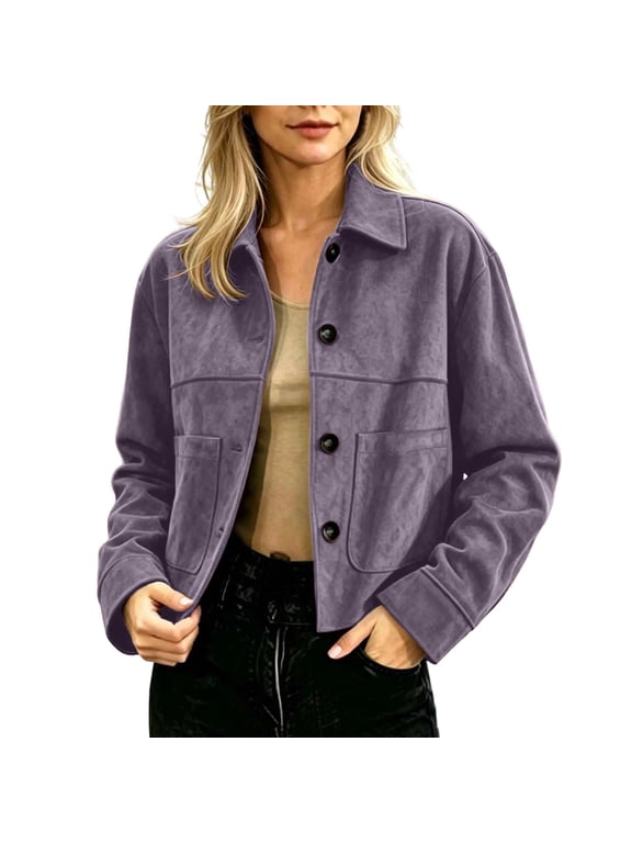 Womens Cropped Button Down Jacket Lapel Long Sleeve Shacket Loose Fit Suede Texture Outerwear for Daily Street Wear Purple XXL