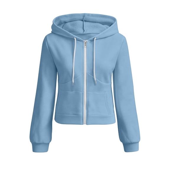Qgtaibl Womens Cropped Hooded Jackets Full Zip Long Sleeve Fleece Sweatshirt Coat Lightweight Streetwear Outerwear Tops with Pockets Light Blue XXL