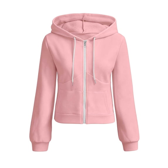 Qgtaibl Womens Cropped Hooded Jackets Full Zip Long Sleeve Fleece Sweatshirt Coat Lightweight Streetwear Outerwear Tops with Pockets Pink XL