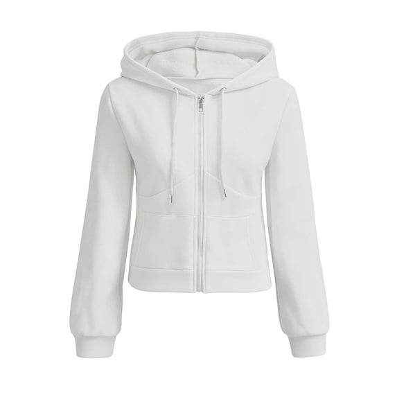 Qgtaibl Womens Cropped Hooded Jackets Full Zip Long Sleeve Fleece Sweatshirt Coat Lightweight Streetwear Outerwear Tops with Pockets White XXL