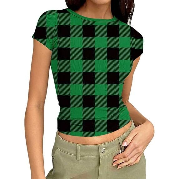 Qgtaibl Womens Cropped Plaid Shirts Ribbed Knit Crewneck Short Sleeve Blouse Summer Slim Fit Pullover Tops Soft Comfy Daily Tees Green XXL