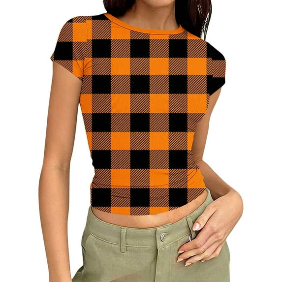 Qgtaibl Womens Cropped Plaid Shirts Ribbed Knit Crewneck Short Sleeve Blouse Summer Slim Fit Pullover Tops Soft Comfy Daily Tees Orange S