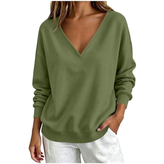 Qgtaibl Womens Deep V Neck Sweatshirt Long Sleeve Loose Fit Pullover Tops Solid Color Casual Fall Fleece Outfit Shirts Army Green S