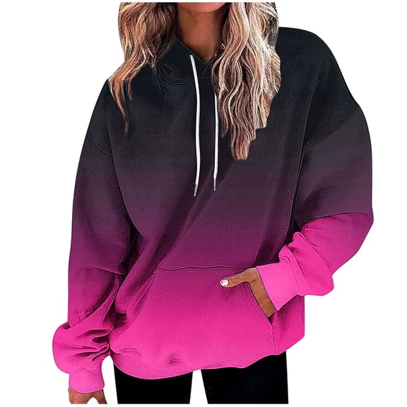 Qgtaibl Womens Drawstring Long Sleeve Hoodies Fashion Contrast Ombre Hooded Sweatshirts Drop Shoulder Soft Daily Streetwear Pullovers Red M