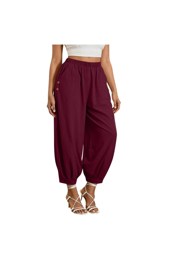 Womens Elastic Waist Harem Pants Cotton Linen Gauze Breathable Tapered Trousers with Button Pockets Summer Loose Fit Lightweight Vacation Slacks Wine S